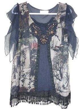 Pretty Angel Whimsigoth Silk Blend Beaded Embroidered Ruffle Fringed Top L